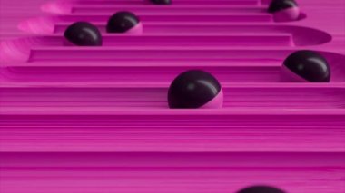 Yol boyunca yuvarlanan toplarla dolu parlak renkli bir arka plan. Plastik top geometriyi derinleştiriyor. Kusursuz bir döngünün 3d animasyonu