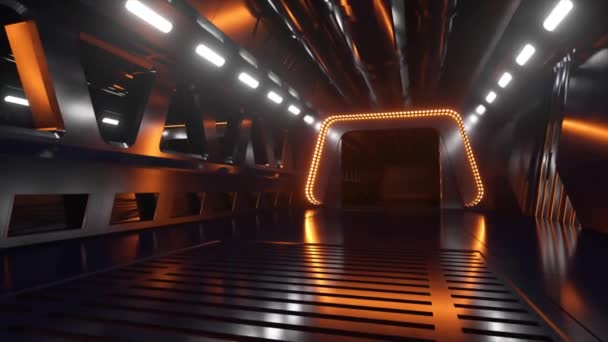 Túnel de ficção científica no espaço com luz de néon. Planeta Marte fora da janela da nave espacial. Conceito de tecnologia espacial. animação 3d de um laço sem costura — Vídeo de Stock