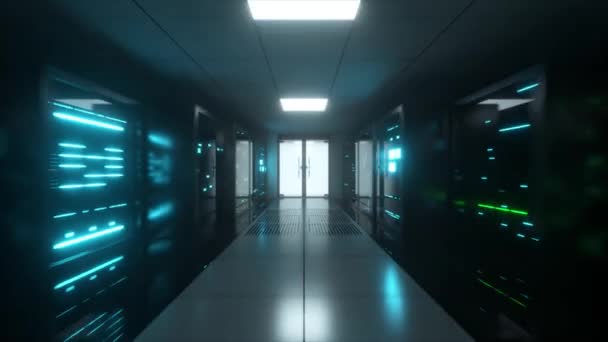 Transmisión digital de datos a servidores de datos detrás de paneles de vidrio en una sala de servidores del centro de datos. Líneas digitales de alta velocidad. — Vídeos de Stock