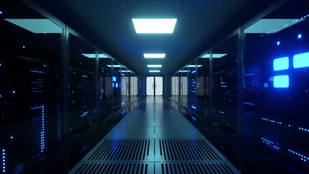 Transmissão de dados digitais para servidores de dados atrás de painéis de vidro em uma sala de servidores de data center. Linhas digitais de alta velocidade. — Vídeo de Stock