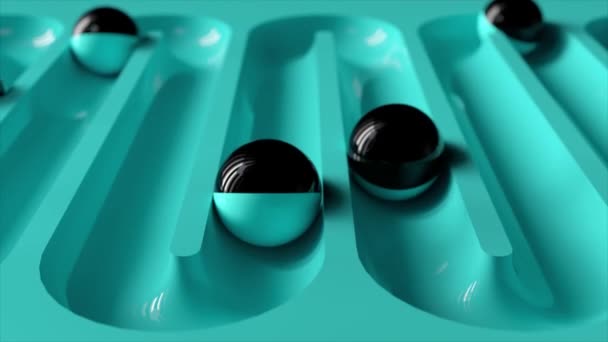 Jasné barevné pozadí s valícími se míčky podél pěšin. Plastová kulička v geometrii se prohlubuje. 3D animace bezešvé smyčky — Stock video