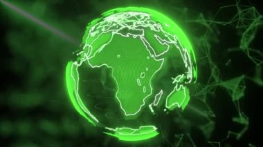 Dünya 'nın büyük verileri. Dijital bulutlar ve dönen yeşil gezegenler. Teknoloji ve iş konsepti. Ağ ve internet. 3d canlandırma