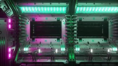 Uzay gemisi tüneline, bilim kurgu uzay gemisi koridoruna uçuyoruz. Teknik unvan ve altyapı için gelecek teknolojisi. İnternet trafik grafikleri, hız. 3 boyutlu görüntüleme. Kusursuz döngünün 4k animasyonu