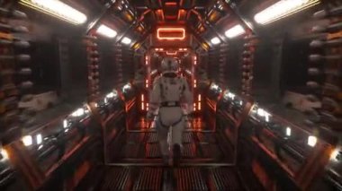 Astronot bir tünelden geçerek uzay geçidinin başka bir bölümüne gider. Uzay gemisi ve teknoloji konsepti. Kusursuz döngünün 4k animasyonu