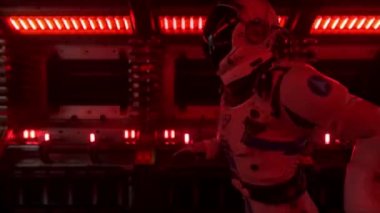 Astronot bir tünelden geçerek uzay geçidinin başka bir bölümüne gider. Uzay gemisi ve teknoloji konsepti. Kusursuz döngünün 4k animasyonu