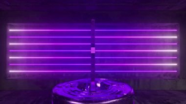 Dogecoin 'i neon ışıklı gelecekteki bir odada döndürmek. Kripto para birimi konsepti. Kusursuz döngünün 4k animasyonu