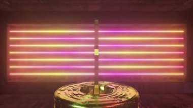Dogecoin 'i neon ışıklı gelecekteki bir odada döndürmek. Kripto para birimi konsepti. Kusursuz döngünün 4k animasyonu