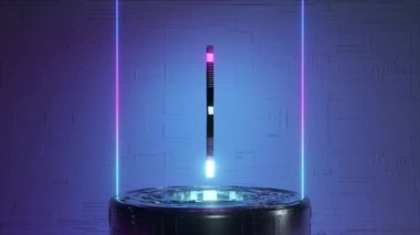 Dogecoin 'i neon ışıklı gelecekteki bir odada döndürmek. Kripto para birimi konsepti. Kusursuz döngünün 4k animasyonu