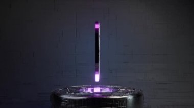 Dogecoin 'i neon ışıklı gelecekteki bir odada döndürmek. Kripto para birimi konsepti. Kusursuz döngünün 4k animasyonu