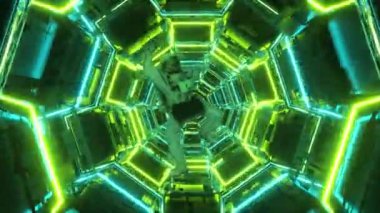 Astronot bir uzay gemisinin koridoruna düşüyor. Bilim-Kurgu fütüristik uzay tüneli VJ, başlıklar ve arka plan için. Neon ışığı. Kusursuz döngünün 4k animasyonu
