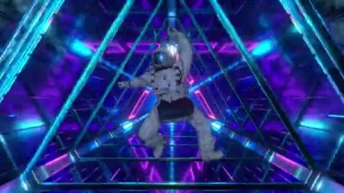 Astronot bir uzay gemisinin koridoruna düşüyor. Bilim-Kurgu fütüristik uzay tüneli VJ, başlıklar ve arka plan için. Neon ışığı. Kusursuz döngünün 4k animasyonu