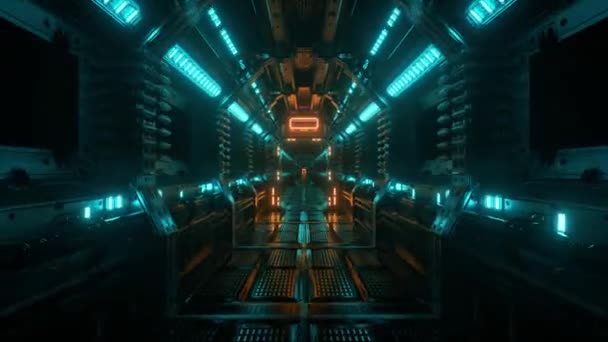 Voando para o túnel da nave espacial, corredor da nave espacial sci-fi. Tecnologia futurista para títulos técnicos e fundos. Gráficos de tráfego na Internet, velocidade. Renderização 3D. Animação 4k de loop sem costura — Vídeo de Stock