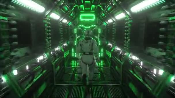 Astronauta corre a través de un túnel a otro compartimento de la puerta espacial. Nave espacial y concepto de tecnología. Animación 4k de bucle sin costura — Vídeo de stock