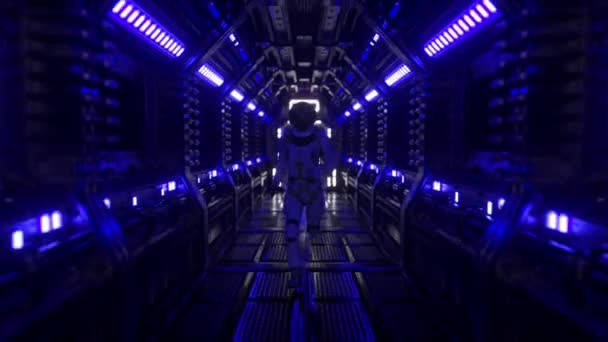 Astronaut läuft durch einen Tunnel in ein anderes Fach des Weltraumtores. Raumschiff und Technologiekonzept. 4k Animation der nahtlosen Schleife — Stockvideo