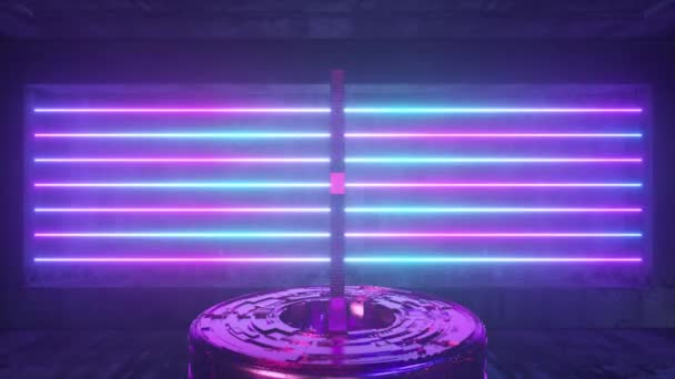 Dogecoin giratorio en una futura sala futurista con iluminación de neón. Concepto criptomoneda. Animación 4k de bucle sin costura — Vídeos de Stock