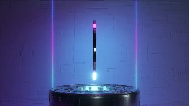 Dogecoin 'i neon ışıklı gelecekteki bir odada döndürmek. Kripto para birimi konsepti. Kusursuz döngünün 4k animasyonu — Stok video