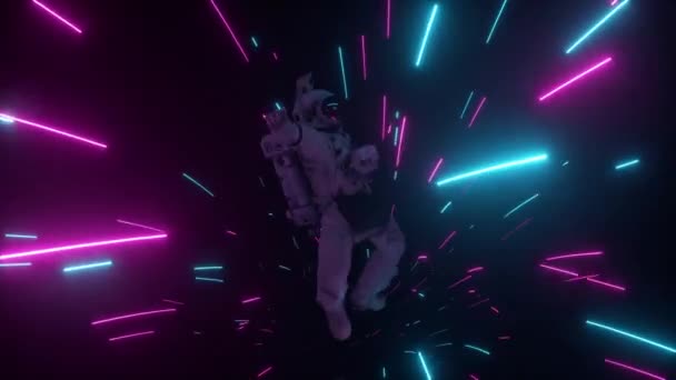 Un astronaute tombe dans le couloir d'un vaisseau spatial. Sci-Fi futuriste tunnel spatial VJ pour les titres et l'arrière-plan. Lumière au néon. Animation 4k de boucle transparente — Video