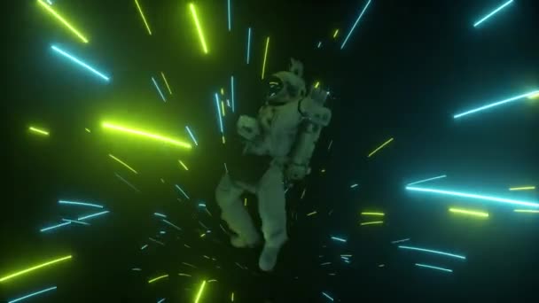 Astronot jatuh di koridor sebuah pesawat ruang angkasa. Sci-Fi futuristik ruang terowongan VJ untuk judul dan latar belakang. Cahaya neon. Animasi 4k dari loop mulus — Stok Video