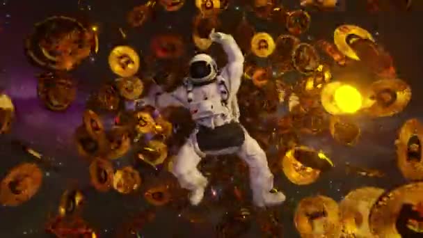 Un astronaute qui tombe dans l'espace entouré de dogecoins volants. Concept de crypto-monnaie dans l'espace. Un trou noir. Interstellaire. Animation 4k de boucle transparente — Video