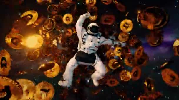 Vallende astronaut in de ruimte omringd door vliegende hondenmunten. Cryptogeld concept in de ruimte. Zwart gat. Interstellair. 4k animatie van naadloze lus — Stockvideo