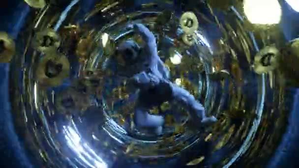 Un astronaute qui tombe dans l'espace entouré de dogecoins volants. Concept de crypto-monnaie dans l'espace. Un trou noir. Interstellaire. Animation 4k de boucle transparente — Video
