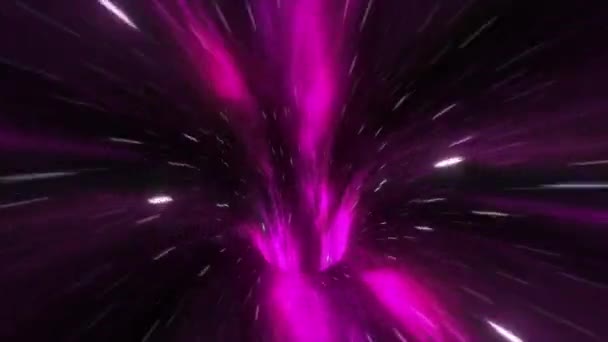 Trou de ver à travers le temps et l'espace, distorsion à travers la science fiction. Saut abstrait dans l'espace dans l'hyperespace parmi les étoiles colorées. Voler à travers le tunnel de données violet bleu. Boucle transparente, animation 3d en 4K — Video