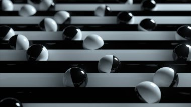 Yol boyunca yuvarlanan toplarla dolu parlak renkli bir arka plan. Plastik top geometriyi derinleştiriyor. 3d illüstrasyon