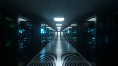Bir veri merkezi sunucu odasındaki cam panellerin arkasındaki veri sunucularına dijital veri transferi. Yüksek hızlı dijital hatlar. 3d illüstrasyon
