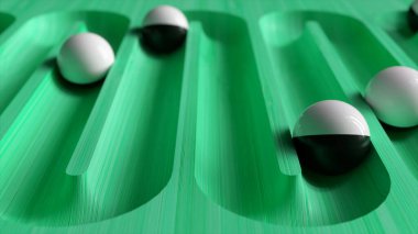 Yol boyunca yuvarlanan toplarla dolu parlak renkli bir arka plan. Plastik top geometriyi derinleştiriyor. 3d illüstrasyon