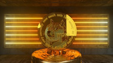 Dogecoin, neon ışıklı gelecekteki bir odada. Kripto para birimi konsepti. 3d illüstrasyon