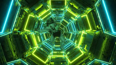 Astronot bir uzay gemisinin koridoruna düşüyor. Bilim-Kurgu fütüristik uzay tüneli VJ, başlıklar ve arka plan için. Neon ışığı. 3d illüstrasyon