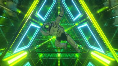 Astronot bir uzay gemisinin koridoruna düşüyor. Bilim-Kurgu fütüristik uzay tüneli VJ, başlıklar ve arka plan için. Neon ışığı. 3d illüstrasyon