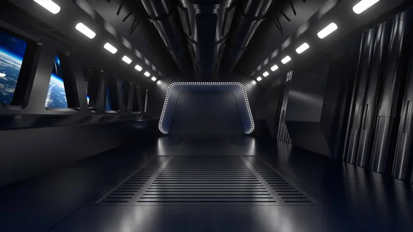 Tunnel Science Fiction Dans Espace Avec Néon Planète Terre Devant — Photo