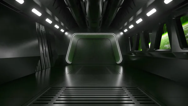 ネオンライトを備えた宇宙空間のSfトンネル 宇宙船の窓の外の惑星地球 宇宙技術の概念 3Dイラスト — ストック写真