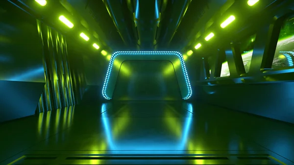 Sci-fi tunnel in outer space with neon light. Planet Earth outside the window of the spaceship. Space technology concept. 3d illustration