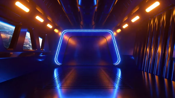 Науково Фантастичний Тунель Космосі Неоновим Світлом Планета Земля Вікном Космічного — стокове фото