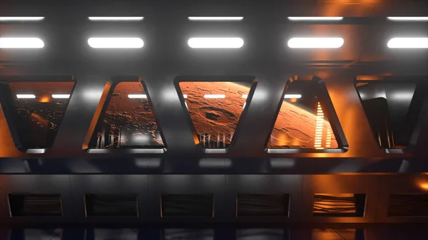 Túnel Ficção Científica Espaço Com Luz Néon Planeta Marte Fora — Fotografia de Stock
