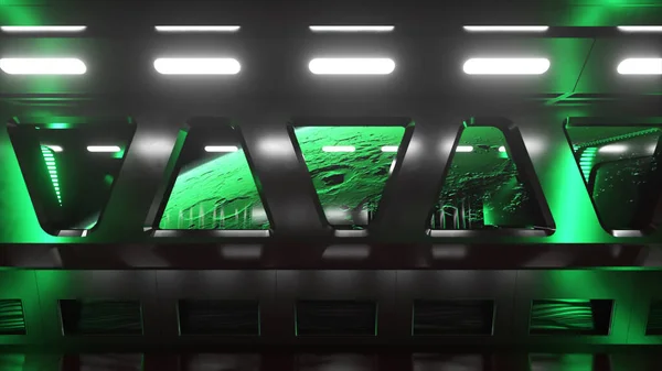 Uzayda Neon Işıklı Bir Bilim Kurgu Tüneli Uzay Gemisinin Penceresinin — Stok fotoğraf