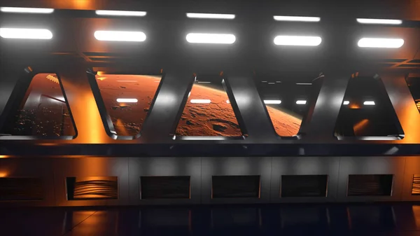 Tunnel Science Fiction Dans Espace Avec Néon Planète Mars Devant — Photo