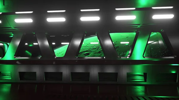 ネオンライトを備えた宇宙空間のSfトンネル 宇宙船の窓の外の惑星火星 宇宙技術の概念 3Dイラスト — ストック写真