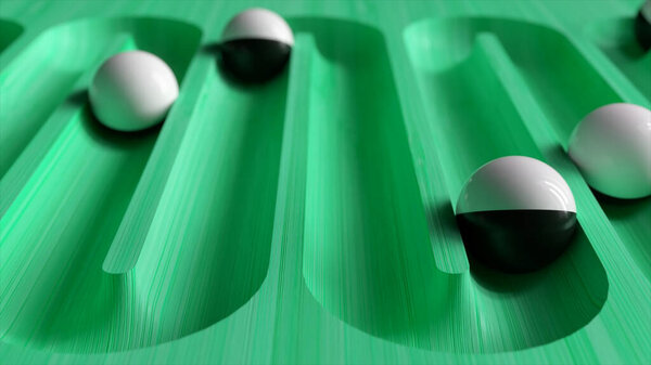Bright colorful background with rolling balls along the paths. Plastic ball rolling in geometry deepening. 3d illustration