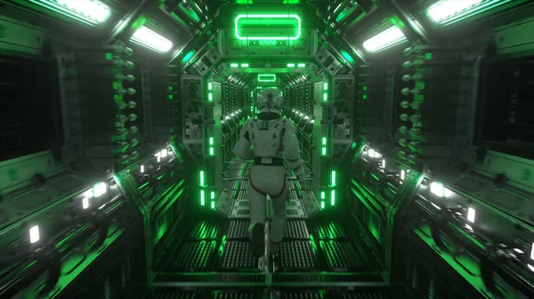 Astronauta Biegnie Przez Tunel Innego Przedziału Bramy Kosmicznej Koncepcja Statku — Zdjęcie stockowe