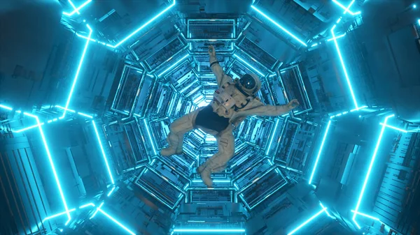 Astronauta Spadający Korytarzu Statku Kosmicznego Sci Futurystyczny Tunel Kosmiczny Tytułów — Zdjęcie stockowe