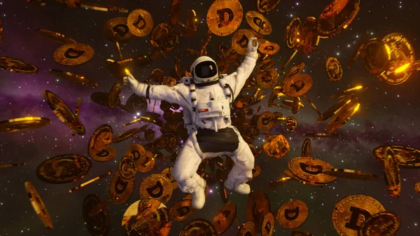 Astronauta Cayendo Espacio Exterior Rodeado Dogecoins Voladores Concepto Criptomoneda Espacio — Foto de Stock