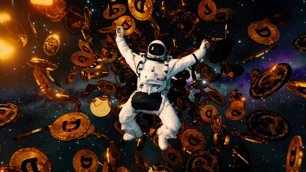 Falling Astronaut Outer Space Surrounded Flying Dogecoins Cryptocurrency Concept Space — Stock Photo, Image