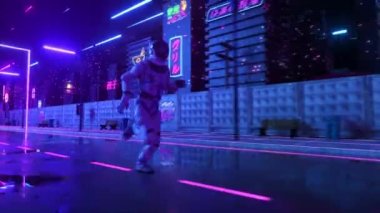 Astronot siber punk tarzında neon şehirde koşuyor. Retro dalga 80 'lerin arka planı. Retro tarzı. Fütürist bir kavram. Kusursuz döngünün 3d animasyonu
