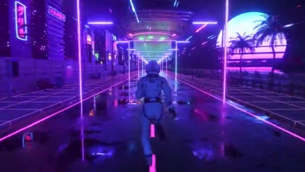 Astronauta correndo em neon city em estilo cyberpunk. Fundo dos anos 80 da onda retrô. Estilo retrô. Conceito futurista. animação 3d de loop sem costura — Vídeo de Stock