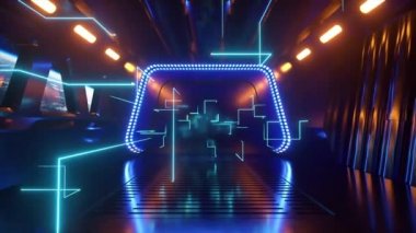 Uzayda neon ışıklı bir bilim kurgu tüneli. Uzay gemisinin penceresinin dışındaki Dünya gezegeni. Ağ bağlantıları ve veri akışı. Uzay teknolojisi kavramı.