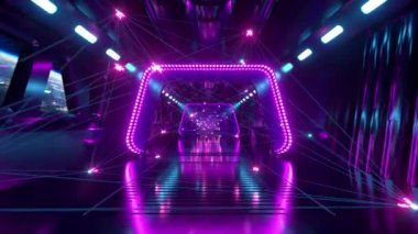 Uzayda neon ışıklı bir bilim kurgu tüneli. Uzay gemisinin penceresinin dışındaki Dünya gezegeni. Ağ bağlantıları ve veri akışı. Uzay teknolojisi kavramı.