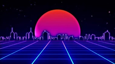 Geçmişe dönük fütürist bilim kurgu geceleri kusursuz döngü. 80 'lerin VJ sentetik hareket arka planında neon ışıklar, güneş ve yıldızlar var. Video oyunları ve müzik videoları için stilize 4K vintage buhar dalgası 3D animasyonu